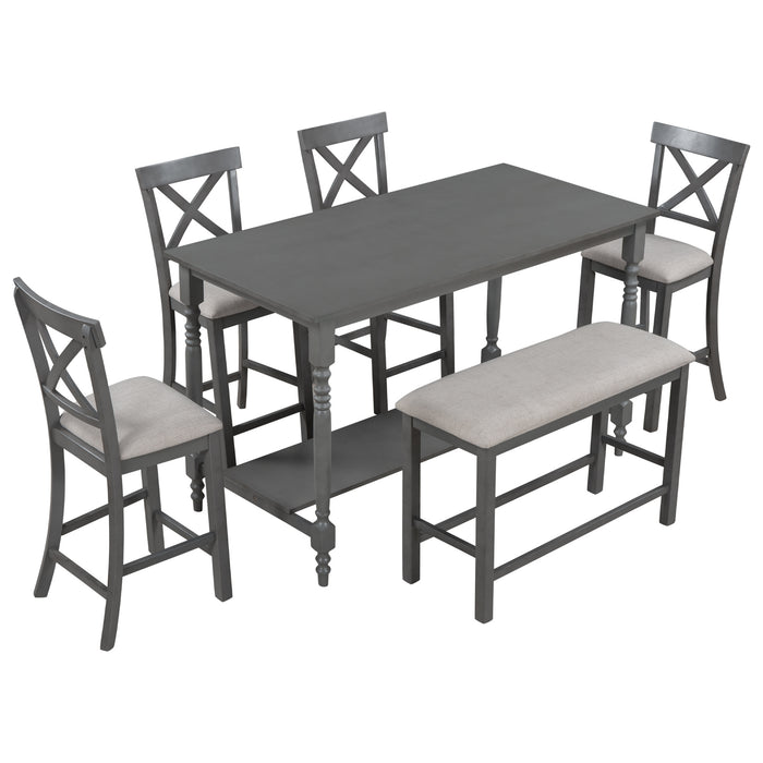 6-Pieces Counter Height Dining Table Set Table with Shelf 4 Chairs and Bench for Dining Room