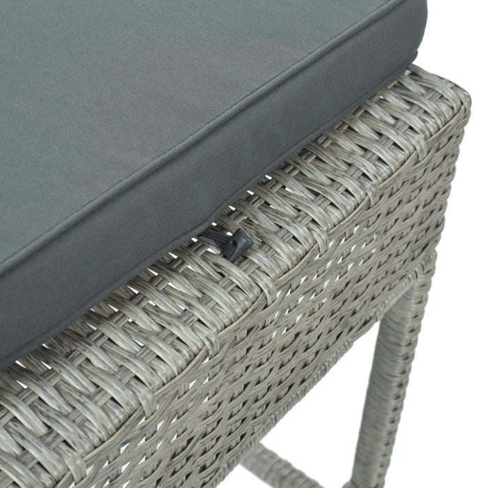 Patio 5-Piece Rattan Dining Table Set, PE Wicker Square Kitchen Table Set with Storage Shelf and 4 Padded Stools for Poolside, Garden, Gray Wicker+Dark Gray Cushion