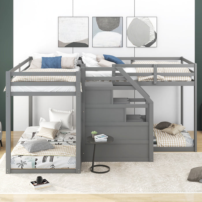 Twin over Twin L-Shaped Bunk Bed with Built-in Middle Staircase