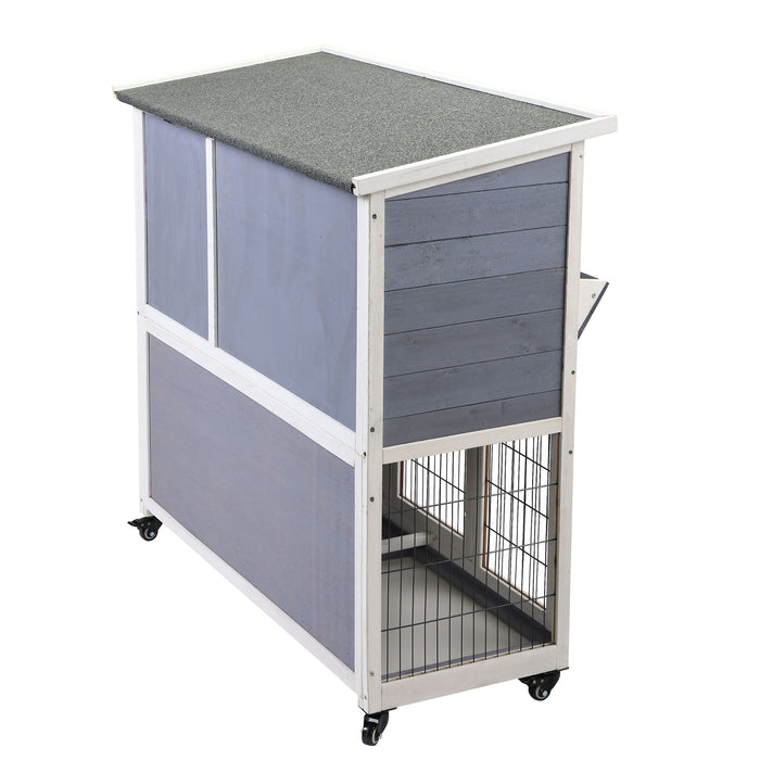 2-Tier Wooden Rabbit Hutch with Wheels, Indoor/Outdoor Pet House with Removable Tray - Gray and White