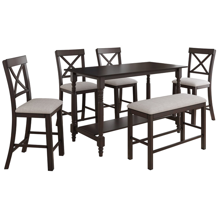 6-Pieces Counter Height Dining Table Set Table with Shelf 4 Chairs and Bench for Dining Room