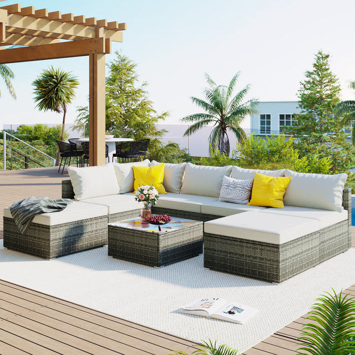 8-Pieces Outdoor Patio Furniture Sets, Garden Conversation Wicker Sofa Set, Single Sofa Combinable, Beige Cushions Gray Wicker