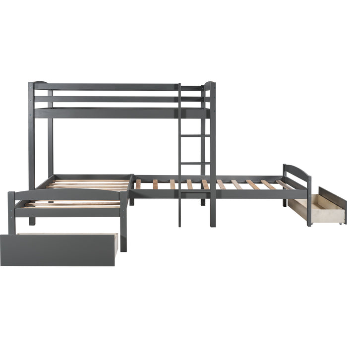 Twin Over Twin L-shaped Bunk Bed with Two Drawers, Pine Wood Bed Frame
