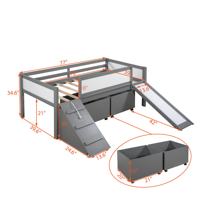 New Space Twin size Low Loft Bed Wooden Bed with Two Storage Boxes