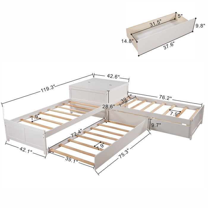 L-shaped Platform Bed with Trundle and Drawers Linked with built-in Flip Square Table,Twin
