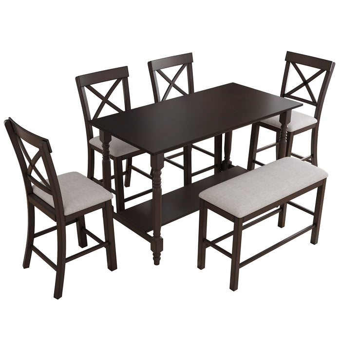 6-Pieces Counter Height Dining Table Set Table with Shelf 4 Chairs and Bench for Dining Room