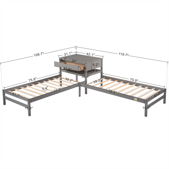 Grenco Twin Size L-Shaped Platform Beds with Drawers