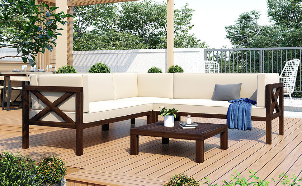 Outdoor Wood Patio Backyard 4-Piece Sectional Seating Group with Cushions and Table X-Back Sofa Set for Small Places