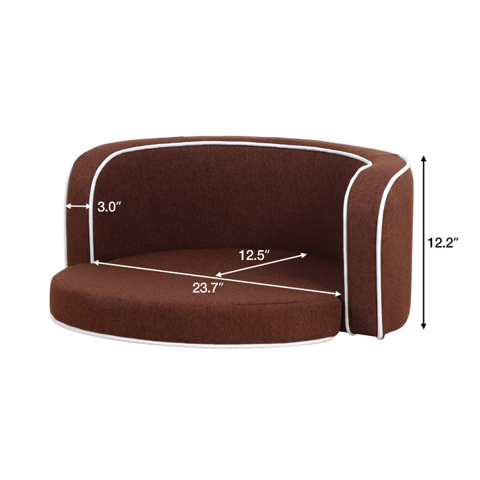 30\" Brown Round Pet Sofa, Dog sofa, Dog bed, Cat Bed, Cat Sofa, with Wooden Structure and Linen Goods White Roller Lines on the Edges Curved Appearance pet Sofa with Cushion