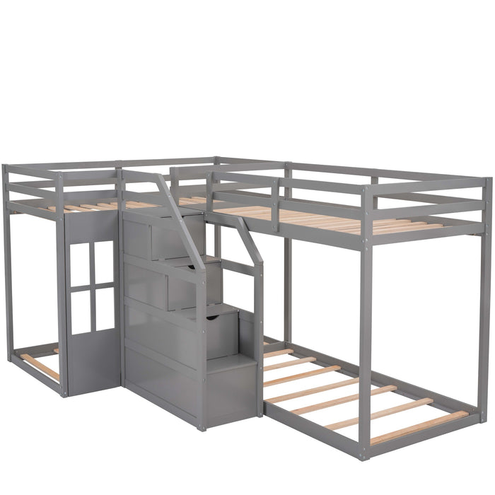 Twin over Twin L-Shaped Bunk Bed with Built-in Middle Staircase