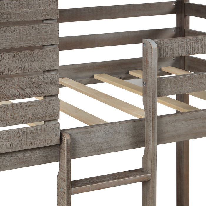 Twin Over Twin Bunk Bed Wood Loft Bed with Roof, Window, Guardrail, Ladder