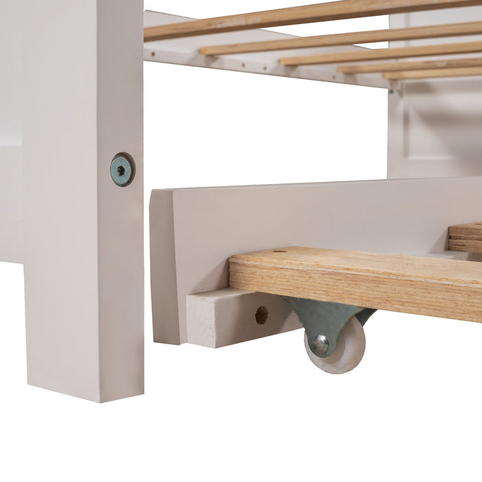 L-shaped Platform Bed with Trundle and Drawers Linked with built-in Flip Square Table,Twin