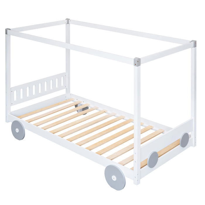 New Space Natural Twin Size Canopy Car-Shaped Platform Bed