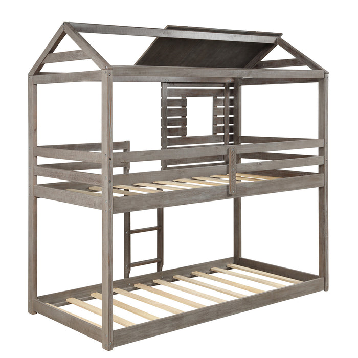 Twin Over Twin Bunk Bed Wood Loft Bed with Roof, Window, Guardrail, Ladder