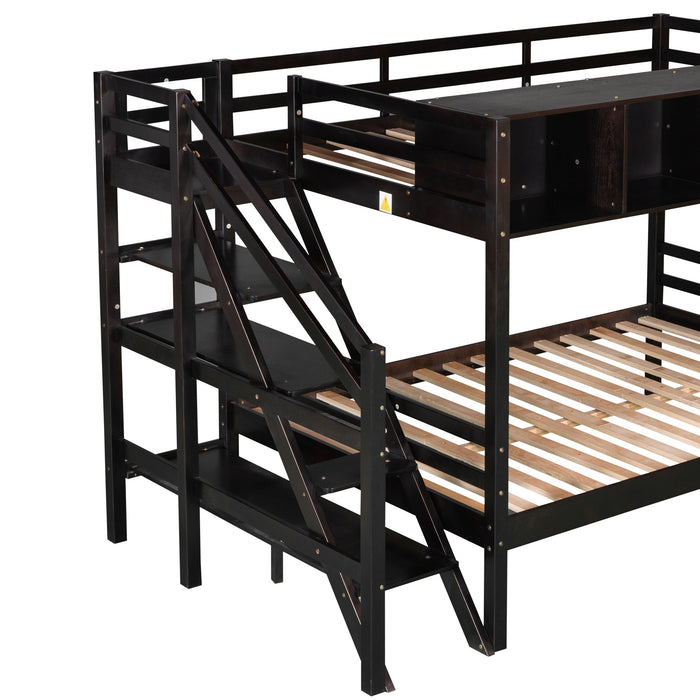 New Space Twin over Full Bunk Bed with Staircase and Built-in Storage Cabinets