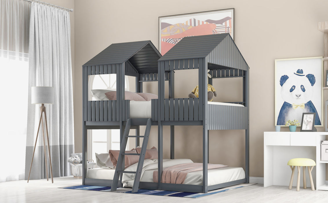 New Space Full Over Full Wood Bunk Bed with Roof Window