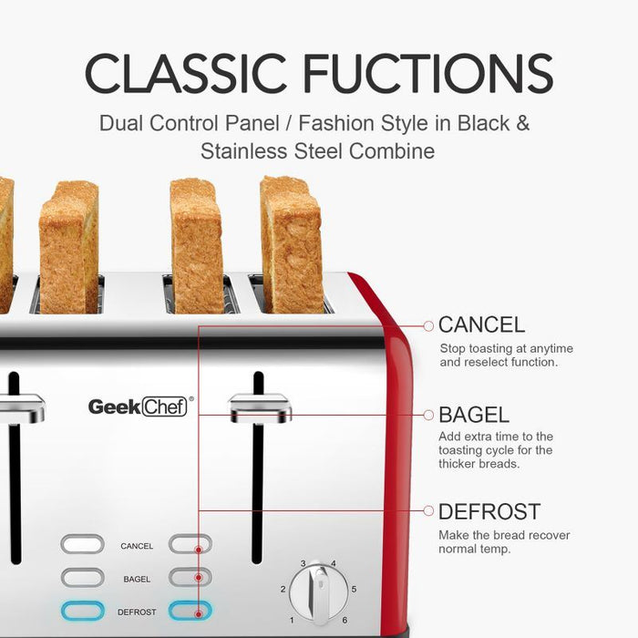 Toaster 4 slices, stainless steel extra-wide slot toaster
