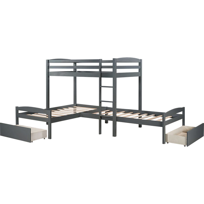 Twin Over Twin L-shaped Bunk Bed with Two Drawers, Pine Wood Bed Frame