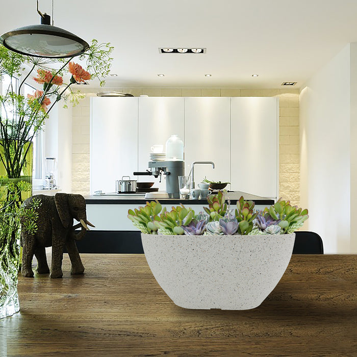 2 Pcs 14" Oval Plant Pots, Flower Pots with Drainage Holes, Plastic Planter with Marble Pattern for Home Garden, White