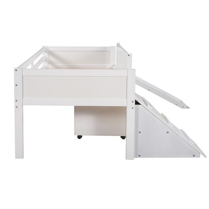 New Space Twin size Low Loft Bed Wooden Bed with Two Storage Boxes