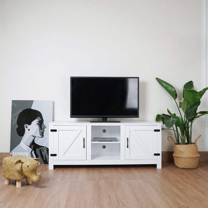 Modern Farmhouse Double Barn Door TV Stand for TVs up to 65 Inches, 58 Inch, White color