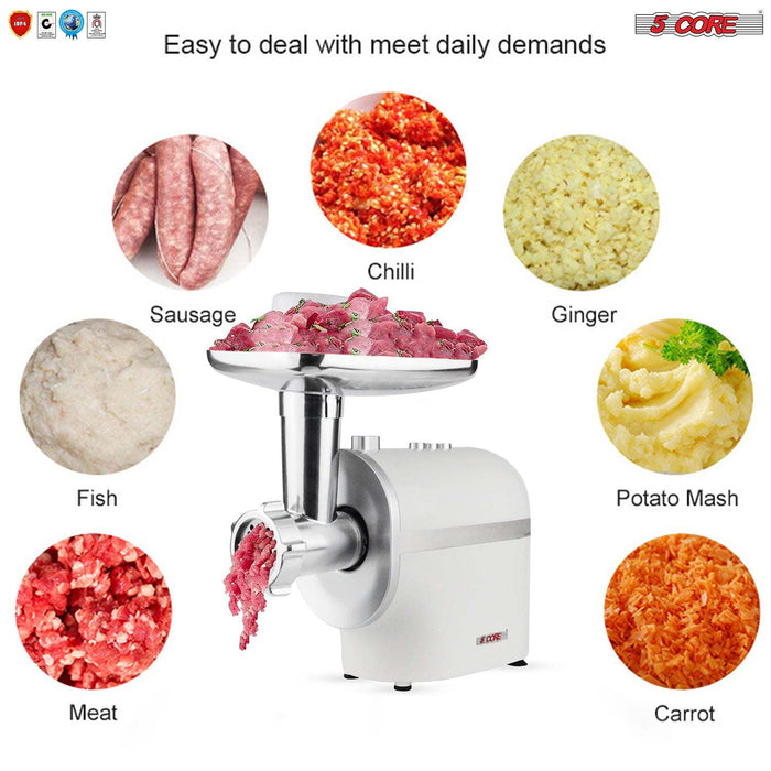Electric Meat Grinder Heavy Duty, 3-IN-1 Multi-Use Meat Miner & Sausage Stuffer, Food Grinder with Sausage Tube & Kubbe Kits, 3 Sizes Plates, 2 S/S Blades, Concealed Storage Box 5 Core MG-03-WH