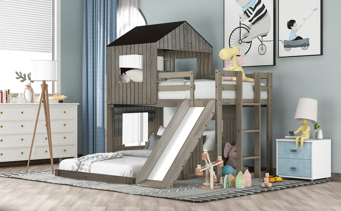 New Space Wooden Twin Over Full Bunk Bed, Loft Bed with Playhouse