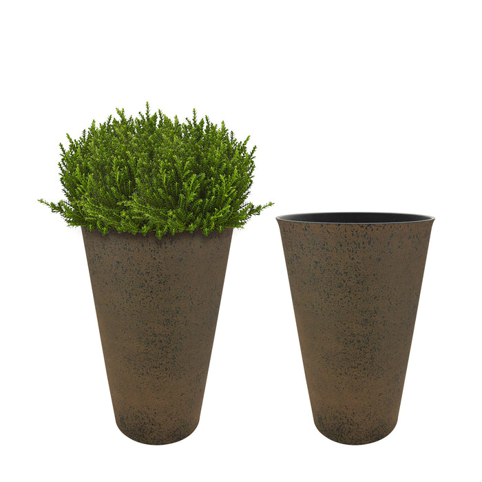 2 Pcs 20"H Tall Planters Plastic Plant Pots with Drainage, 12"W Large Round Tree Pot with Cement Pattern, Rust Brown