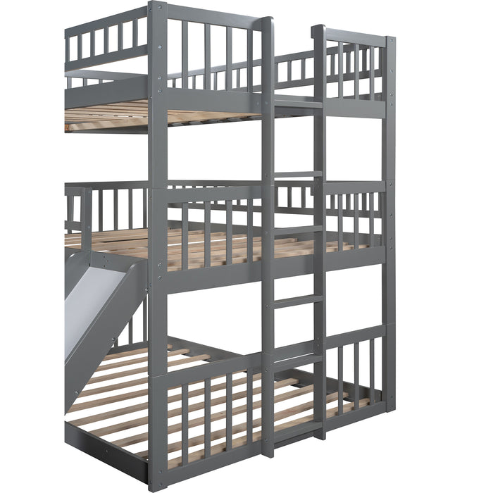 Triple Bed with Built-in Ladder and Slide , Triple Bunk Bed with Guardrails