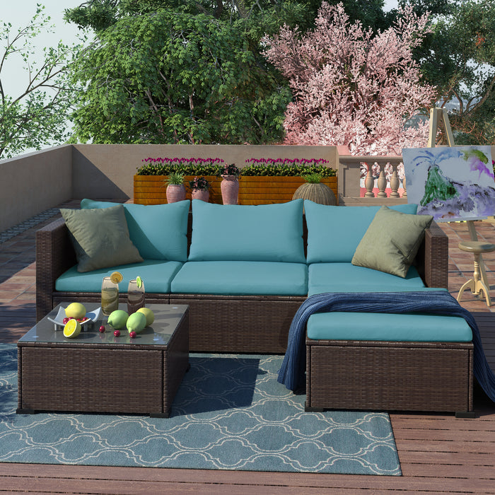5 Pieces All-Weather Outdoor Sectional Rattan Sofa Wicker Patio Conversation Set with Glass Table and Thick Cushion