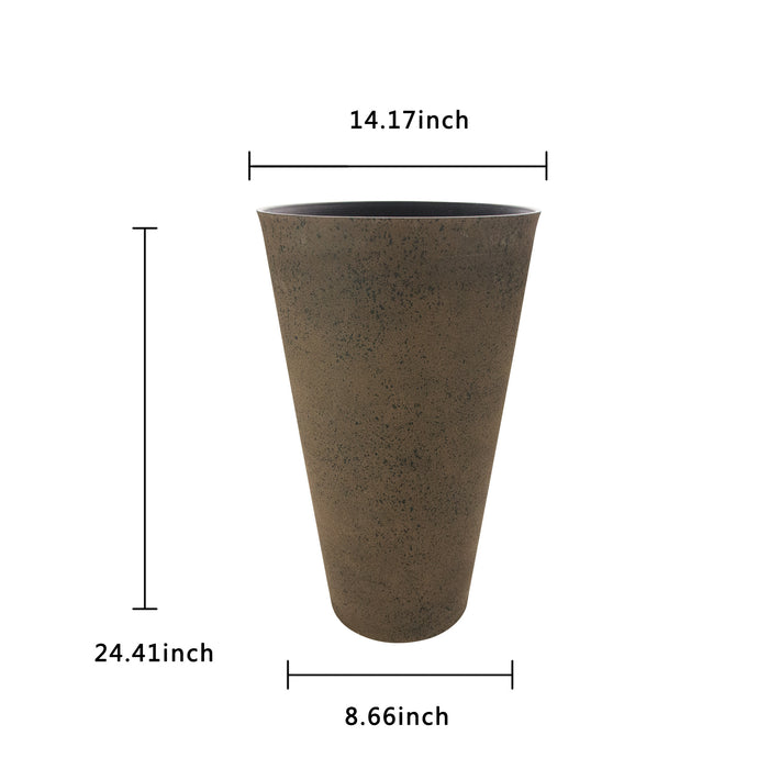 2 Pcs 24"H Tall Planters Plastic Plant Pots with Drainage, 14"W Large Round Tree Pot with Cement Pattern, Rust Brown