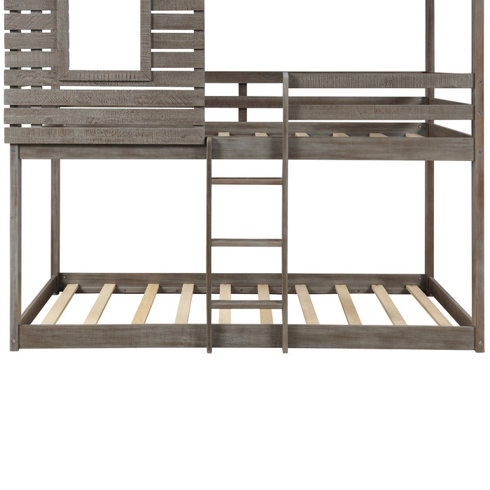 Twin Over Twin Bunk Bed Wood Loft Bed with Roof, Window, Guardrail, Ladder