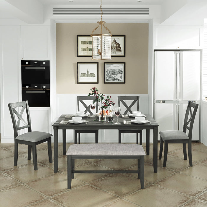 6-Piece Kitchen Dining Table Set Wooden Rectangular Dining Table, 4 Dining Chairs and Bench Family Furniture for 6 People