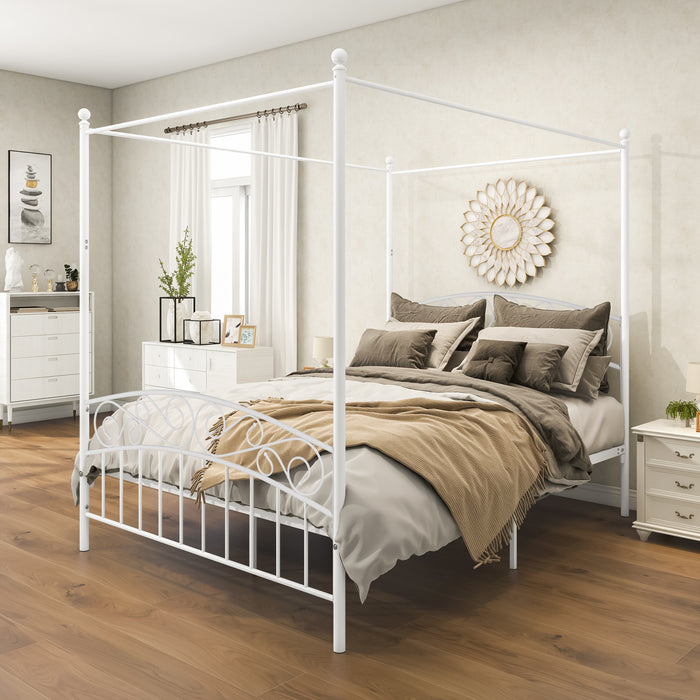Canopy Bed Frame Queen Size Black Metal 4 Poster Mattress Foundation Modern Post Corner with Headboard for Girls Adults