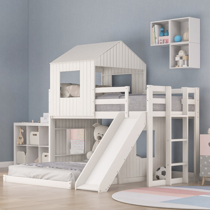 New Space Wooden Twin Over Full Bunk Bed, Loft Bed with Playhouse