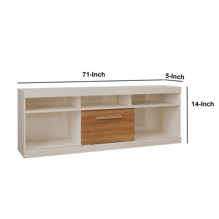 DunaWest 71 Inch TV Stand with Open Compartments and Sliding Door, Off White and Oak