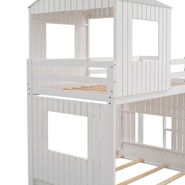 New Space Wooden Twin Over Full Bunk Bed, Loft Bed with Playhouse