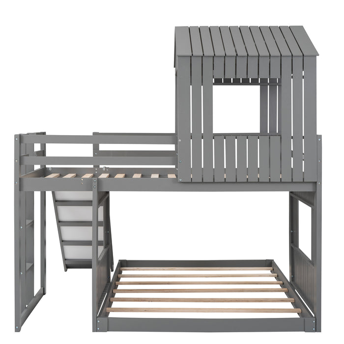 New Space Wooden Twin Over Full Bunk Bed, Loft Bed with Playhouse