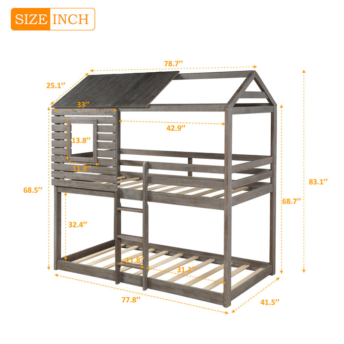 Twin Over Twin Bunk Bed Wood Loft Bed with Roof, Window, Guardrail, Ladder