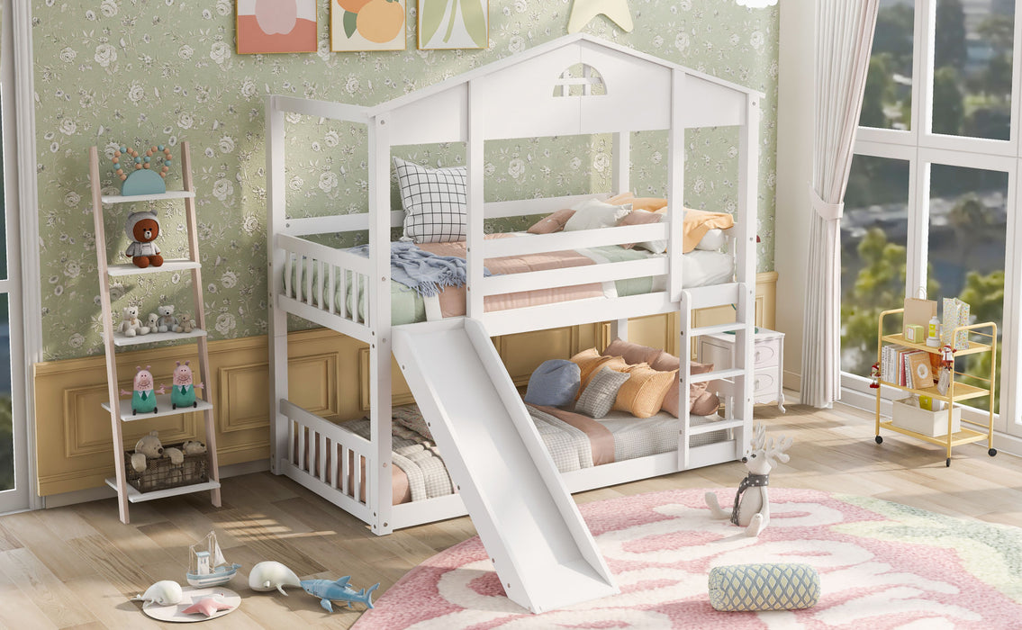 MyRoom Twin Over Twin House Bunk Bed With Convertible Slide And Ladder
