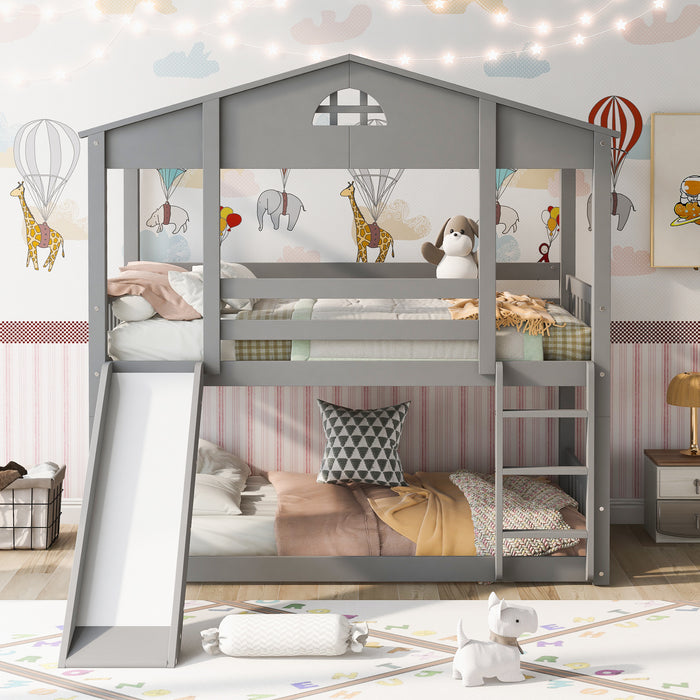 MyRoom Twin Over Twin House Bunk Bed With Convertible Slide And Ladder