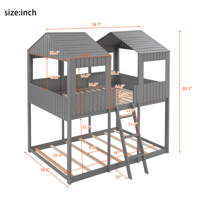 New Space Full Over Full Wood Bunk Bed with Roof Window