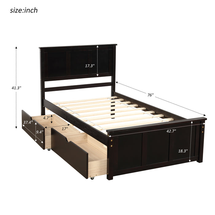 Platform Storage Bed, 2 drawers with wheels, Twin Size Frame, Espresso (New) RT