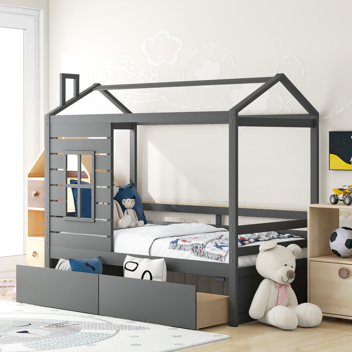 Twin Size House Bed Wood Bed with Two Drawers