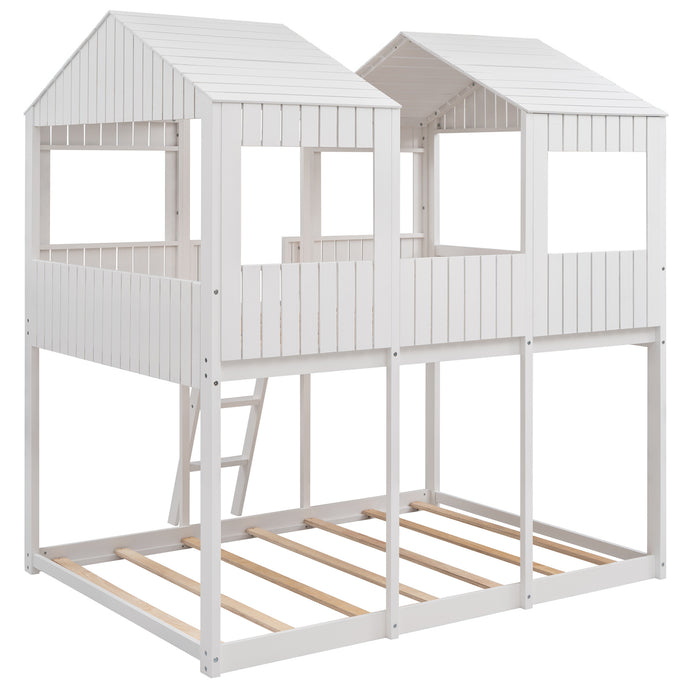 New Space Full Over Full Wood Bunk Bed with Roof Window