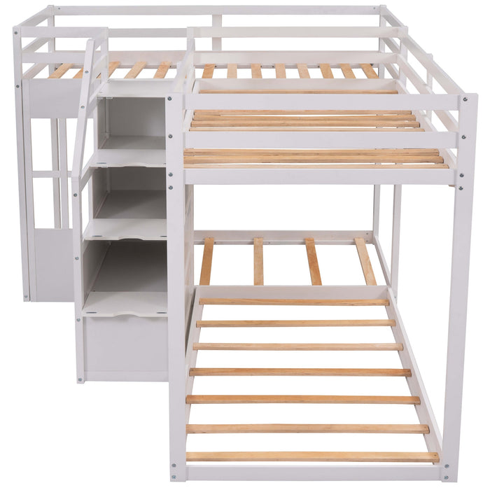 Twin over Twin L-Shaped Bunk Bed with Built-in Middle Staircase