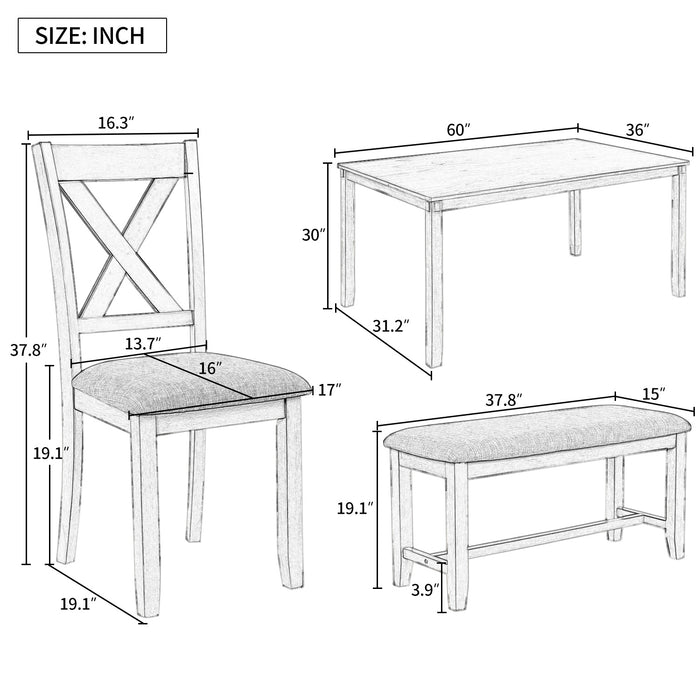 6-Piece Kitchen Dining Table Set Wooden Rectangular Dining Table, 4 Dining Chairs and Bench Family Furniture for 6 People