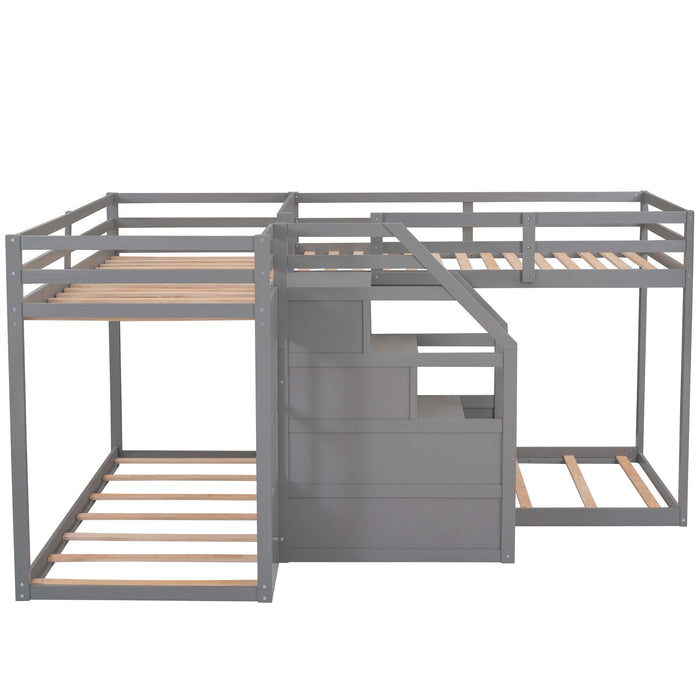 Twin over Twin L-Shaped Bunk Bed with Built-in Middle Staircase