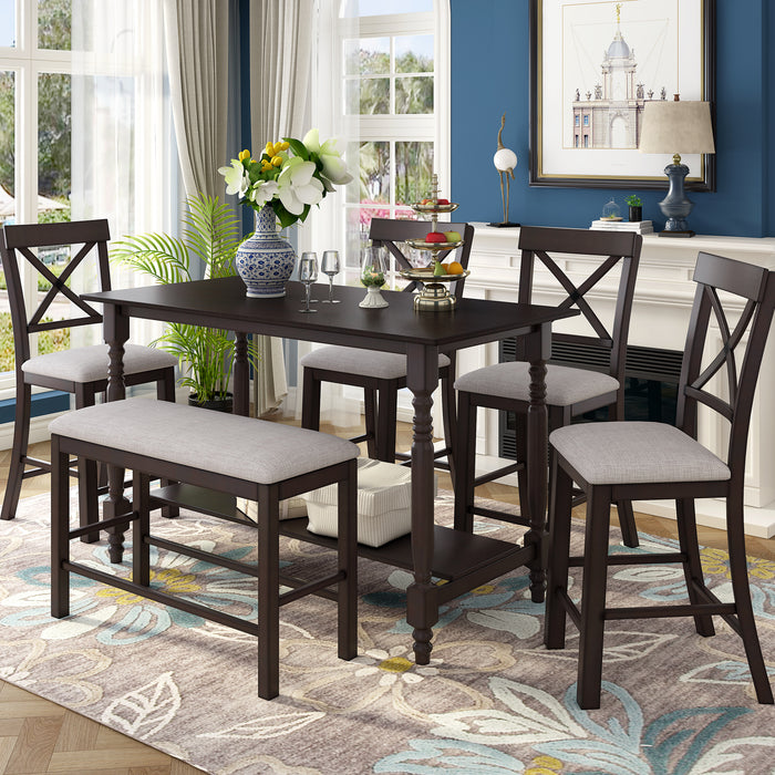 6-Pieces Counter Height Dining Table Set Table with Shelf 4 Chairs and Bench for Dining Room