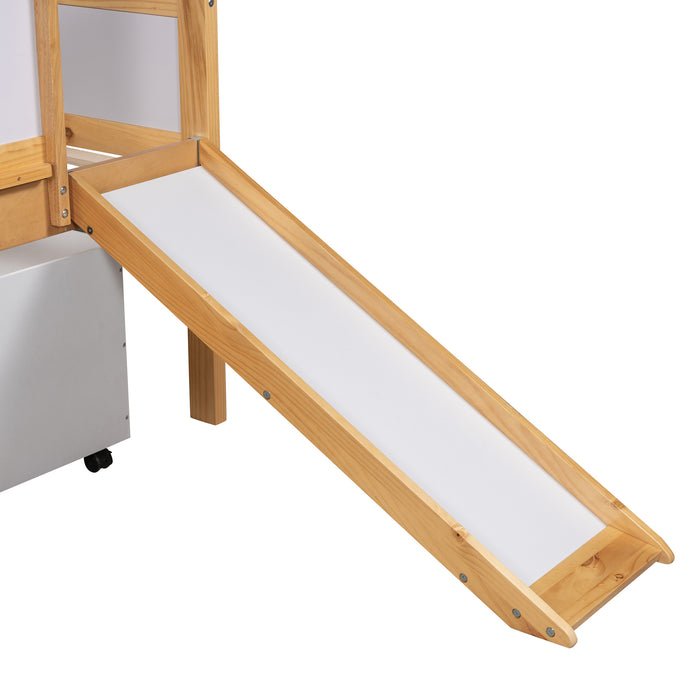 New Space Twin size Low Loft Bed Wooden Bed with Two Storage Boxes